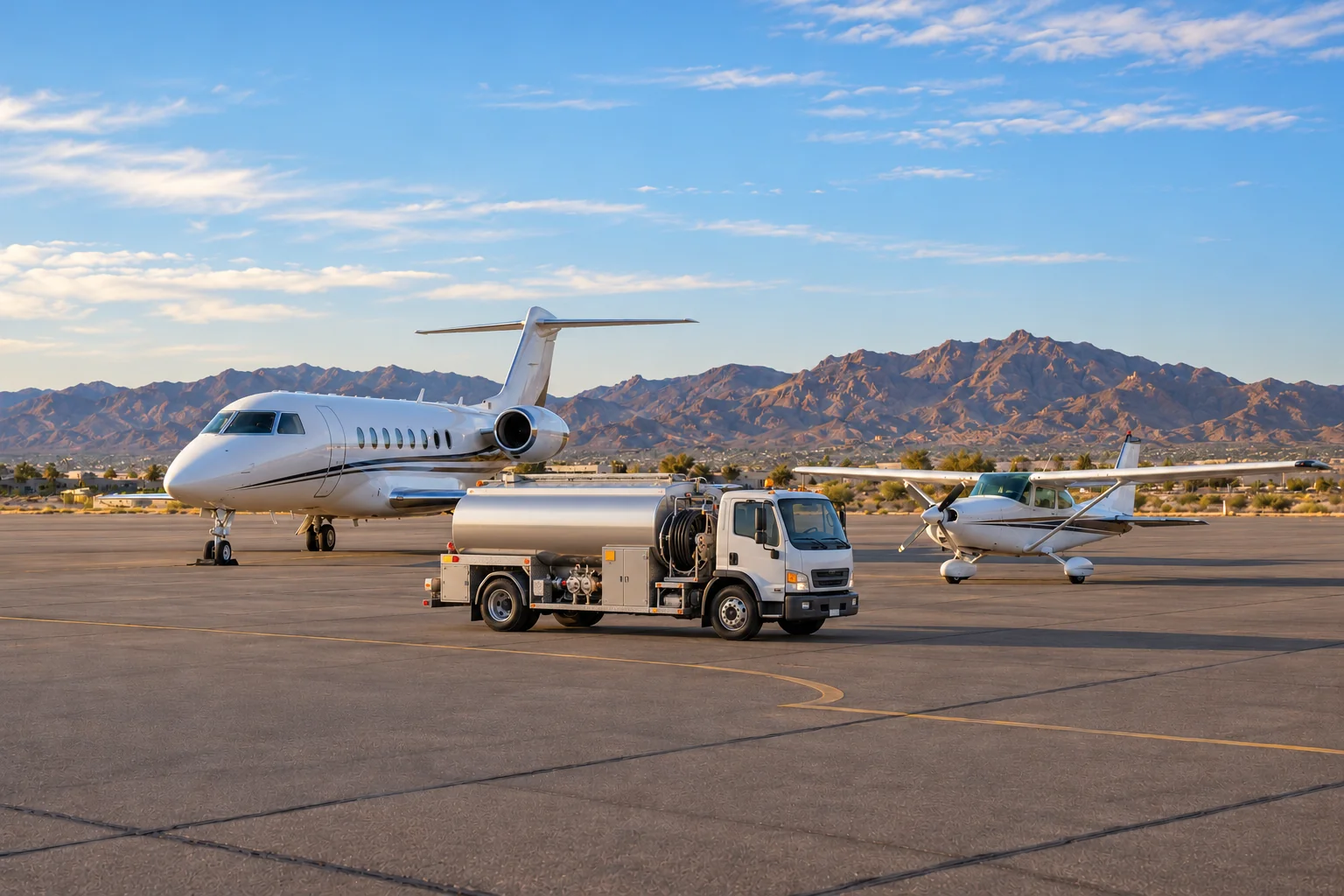 Airport fuel truck beside a business jet and a propeller aircraft