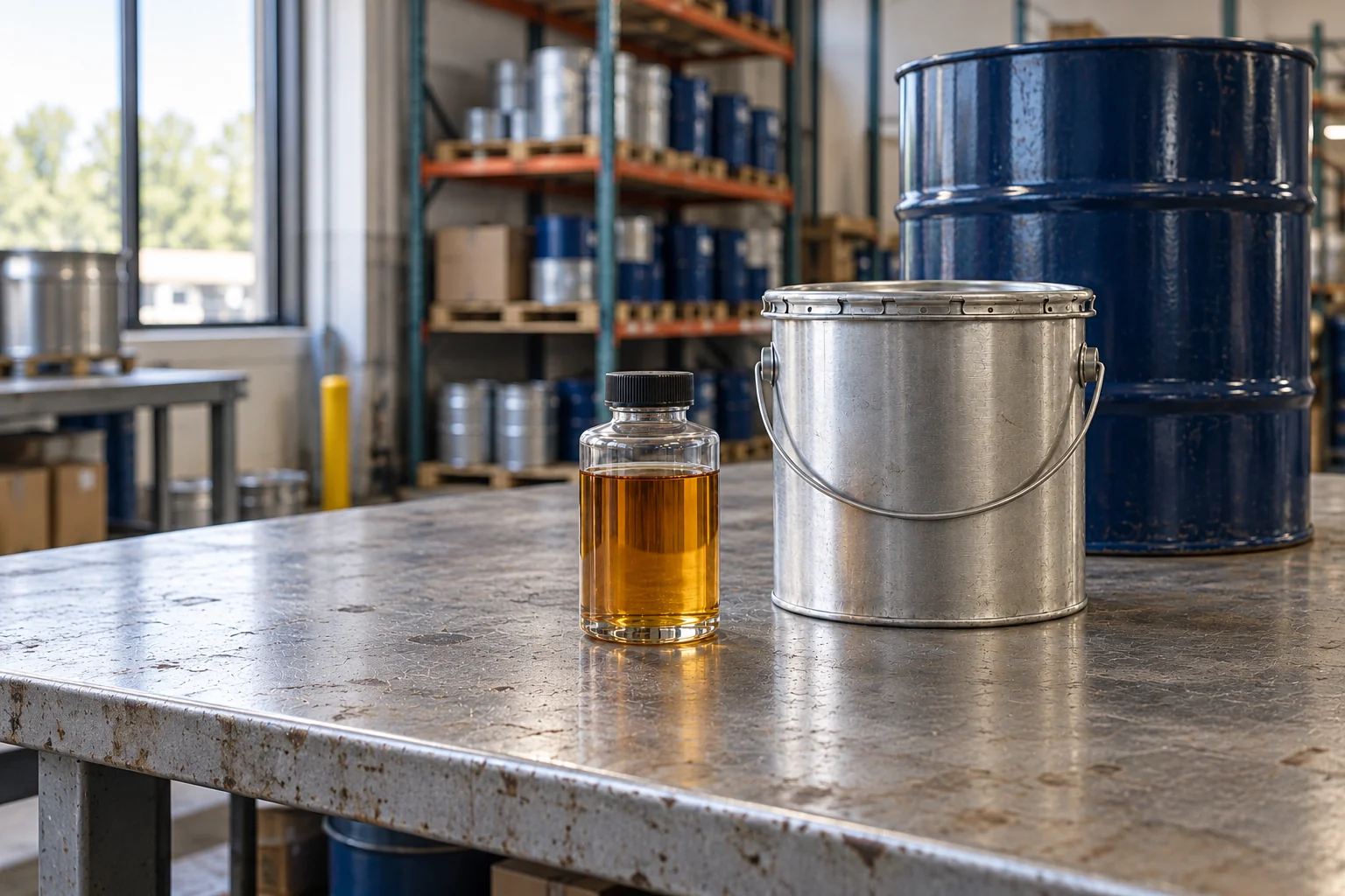Oil sample bottle beside a sealed lubricant pail and drum