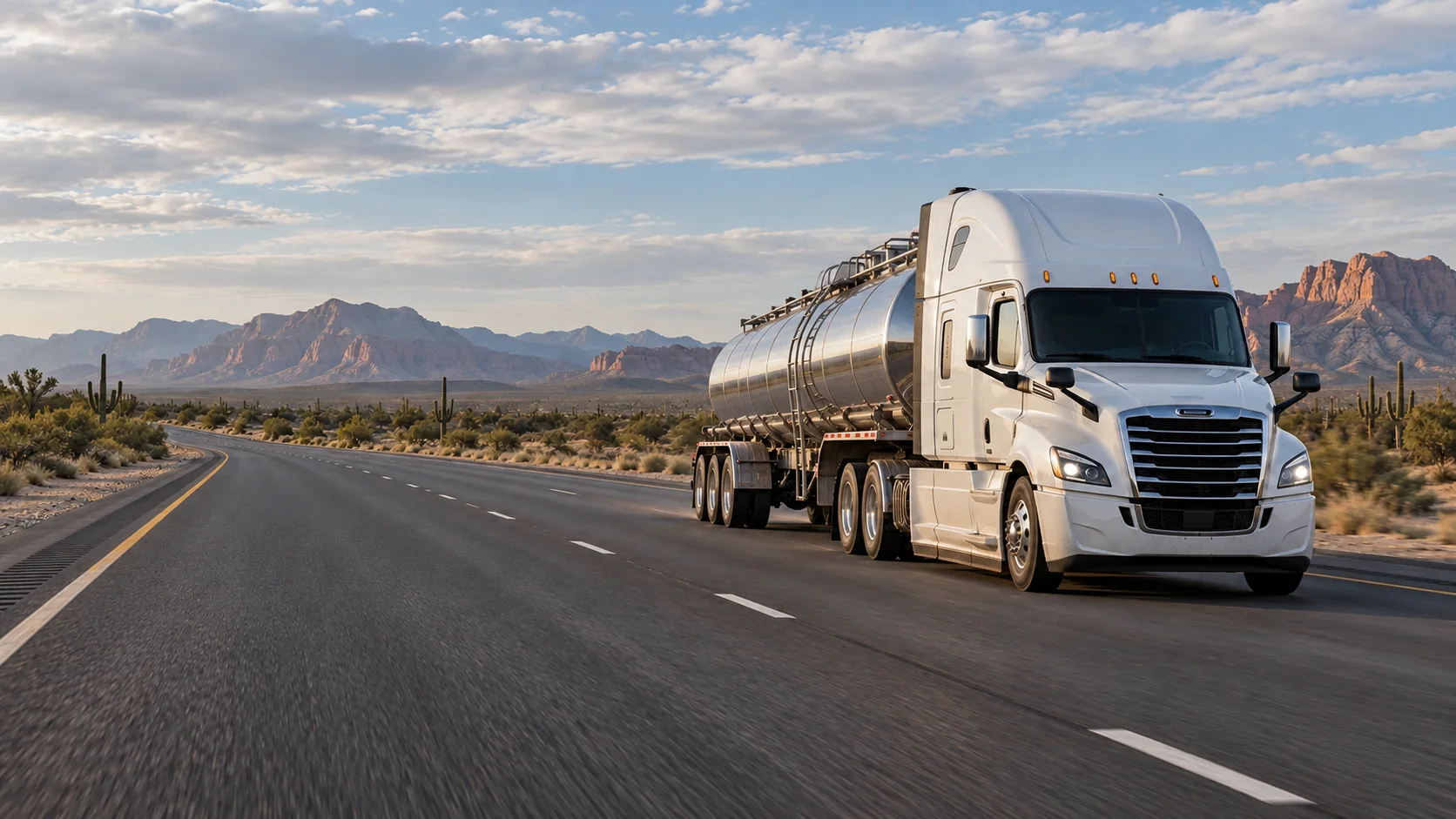 Fuel transport tanker on a highway through the Arizona desert